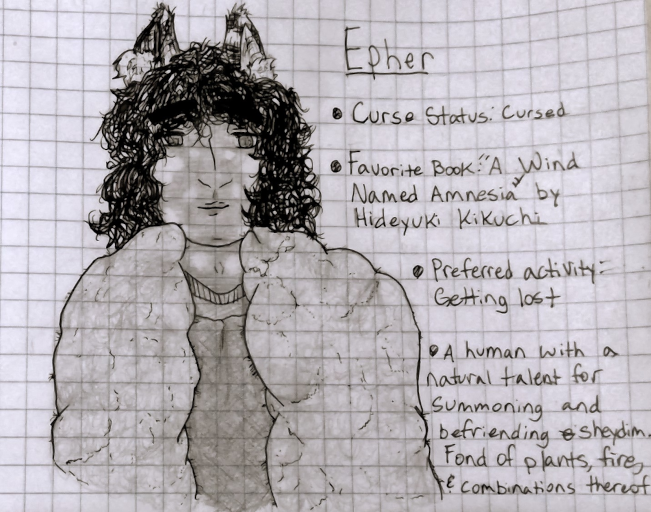 A person in a layered sweater and puffy coat. Ze has curly black hair, and vitiligo spots on hir skin and wolf ears.